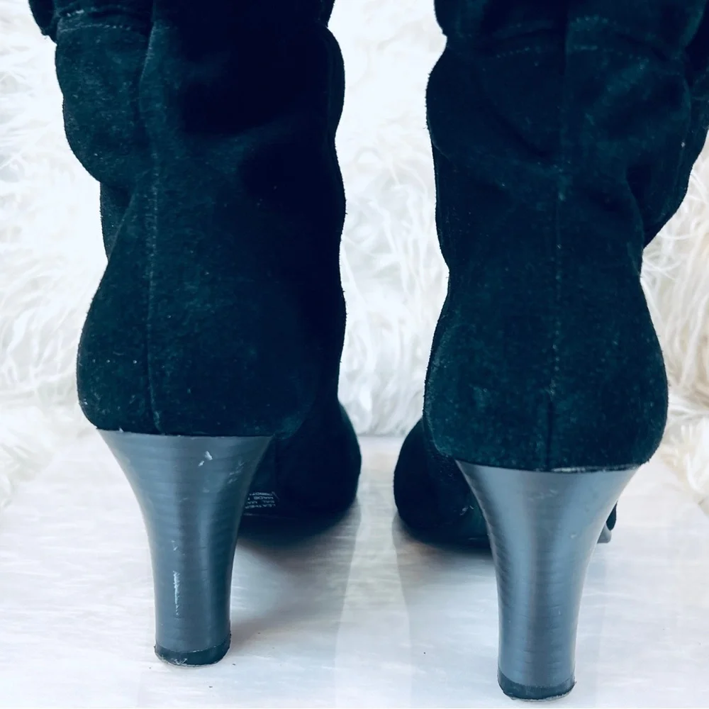 VINTAGE Rocker CHIC sz 7M Black Suede Leather Gathered High Heeled Boots